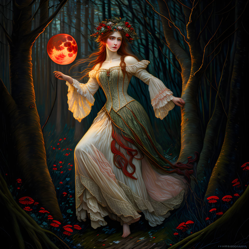 Mystical woman in elegant dress with wreath holding glowing orb in dark forest