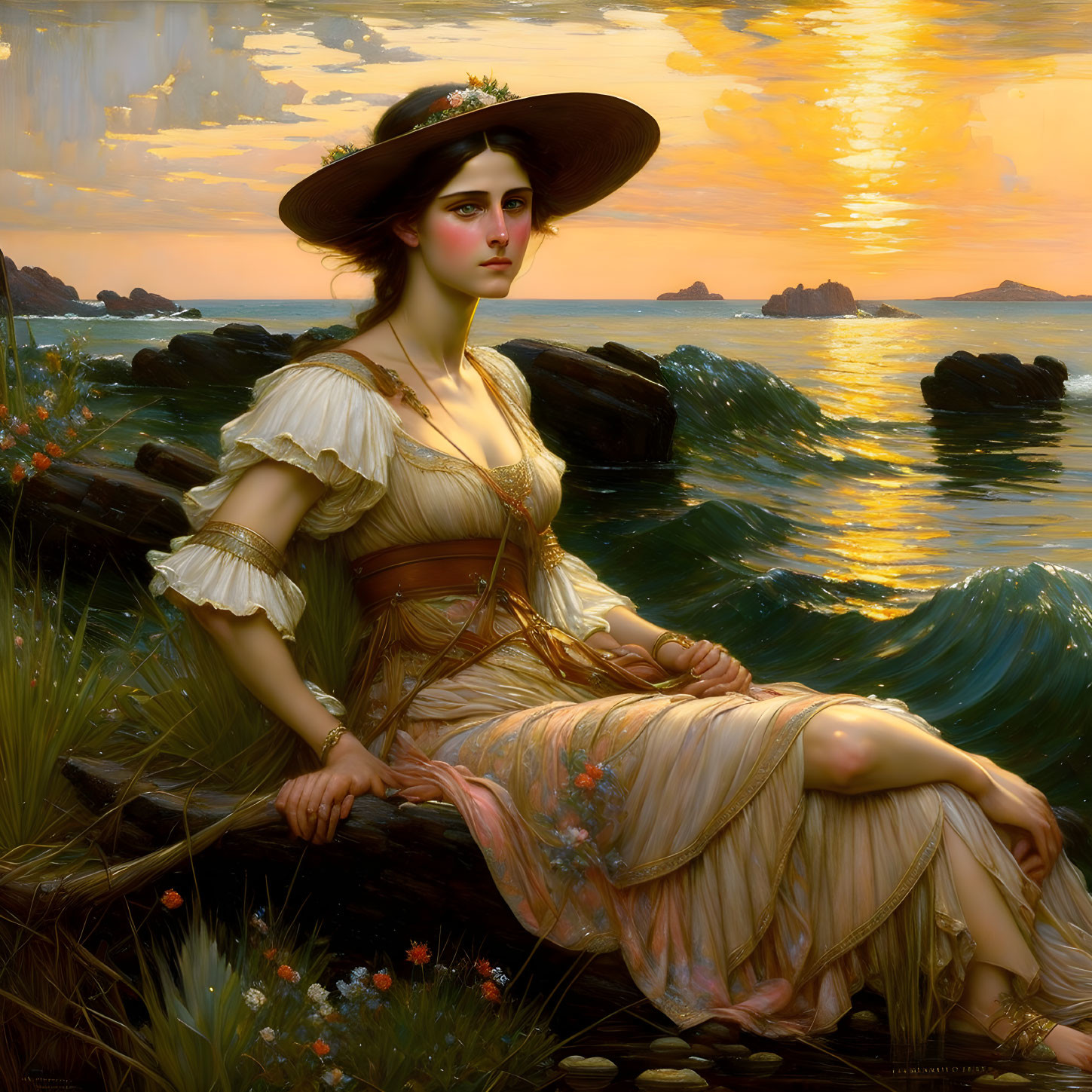 Woman in vintage dress sitting by sea at sunset with serene expression among rocks and grasses.