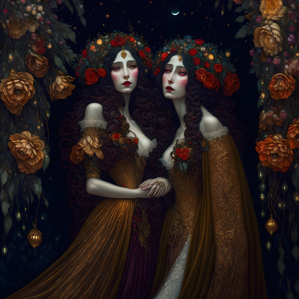 Ethereal women in floral headdresses against starry backdrop