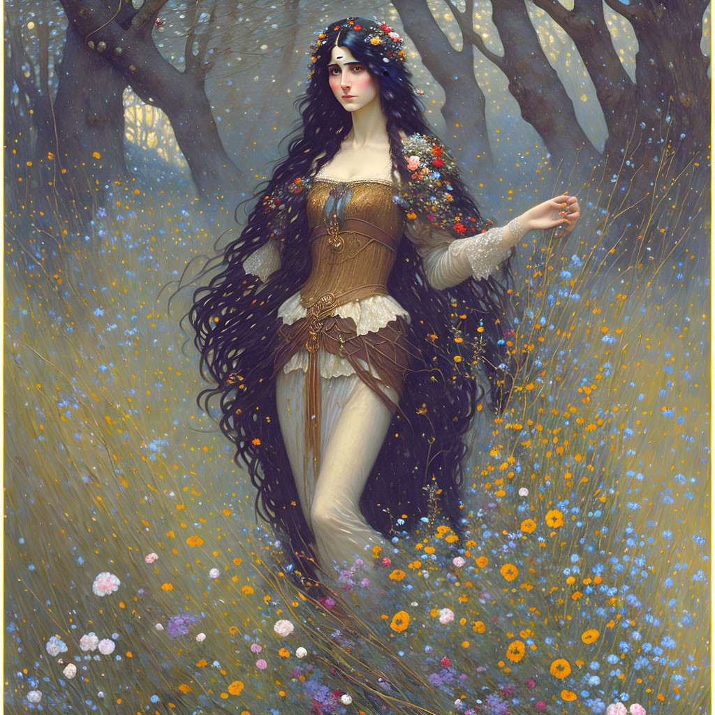 Woman with dark hair and floral crown in corseted dress surrounded by blooming trees and wildflowers