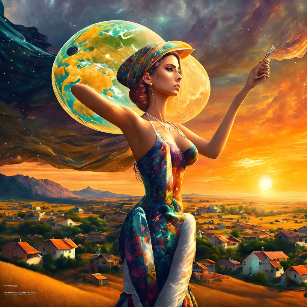 Woman in vibrant dress painting surreal landscape with oversized planets at sunset