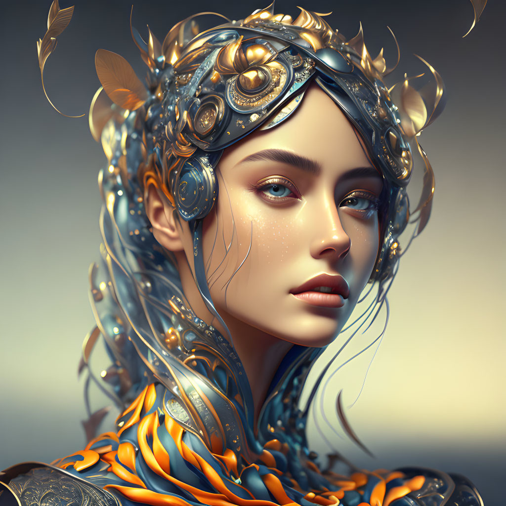 Intricate gold and blue headgear on woman with stylized armor and captivating blue eyes