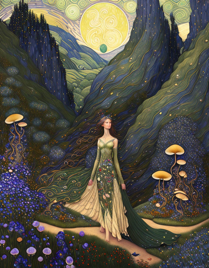 Fantastical forest scene with woman in green dress