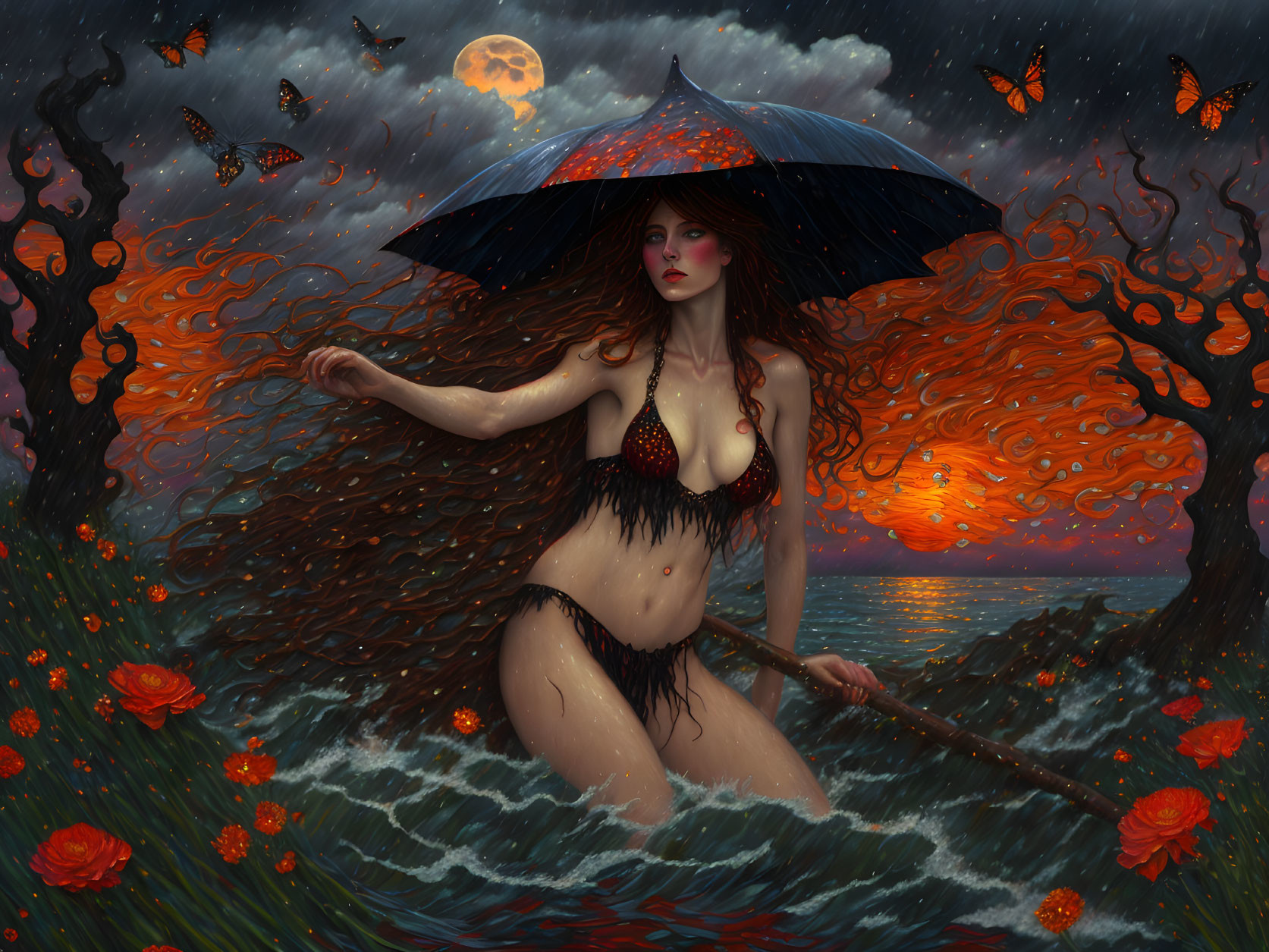 Fantasy artwork of woman with umbrella and staff in stormy sea setting