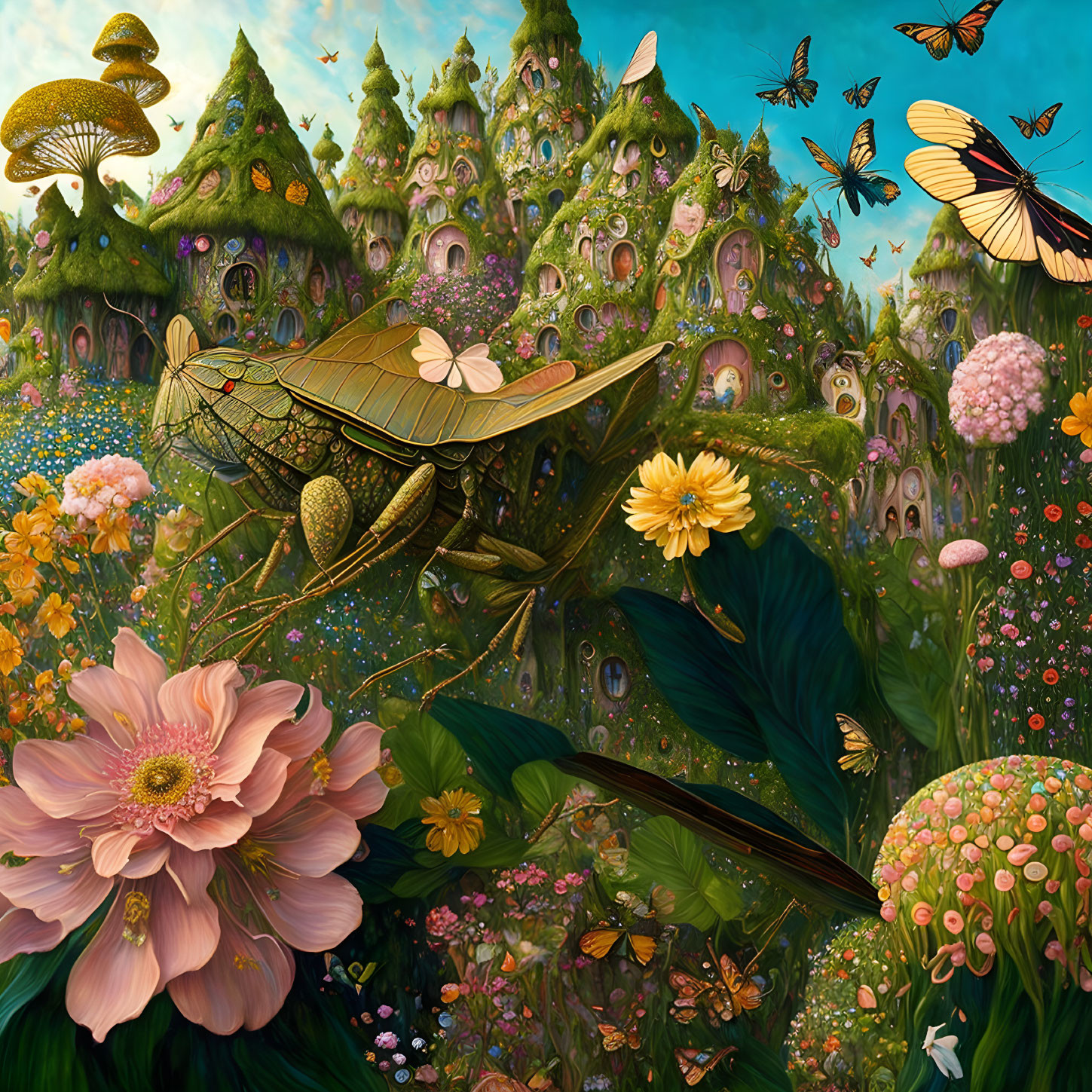 Fantasy landscape with mushroom houses, lush greenery, flowers, and flying insects.