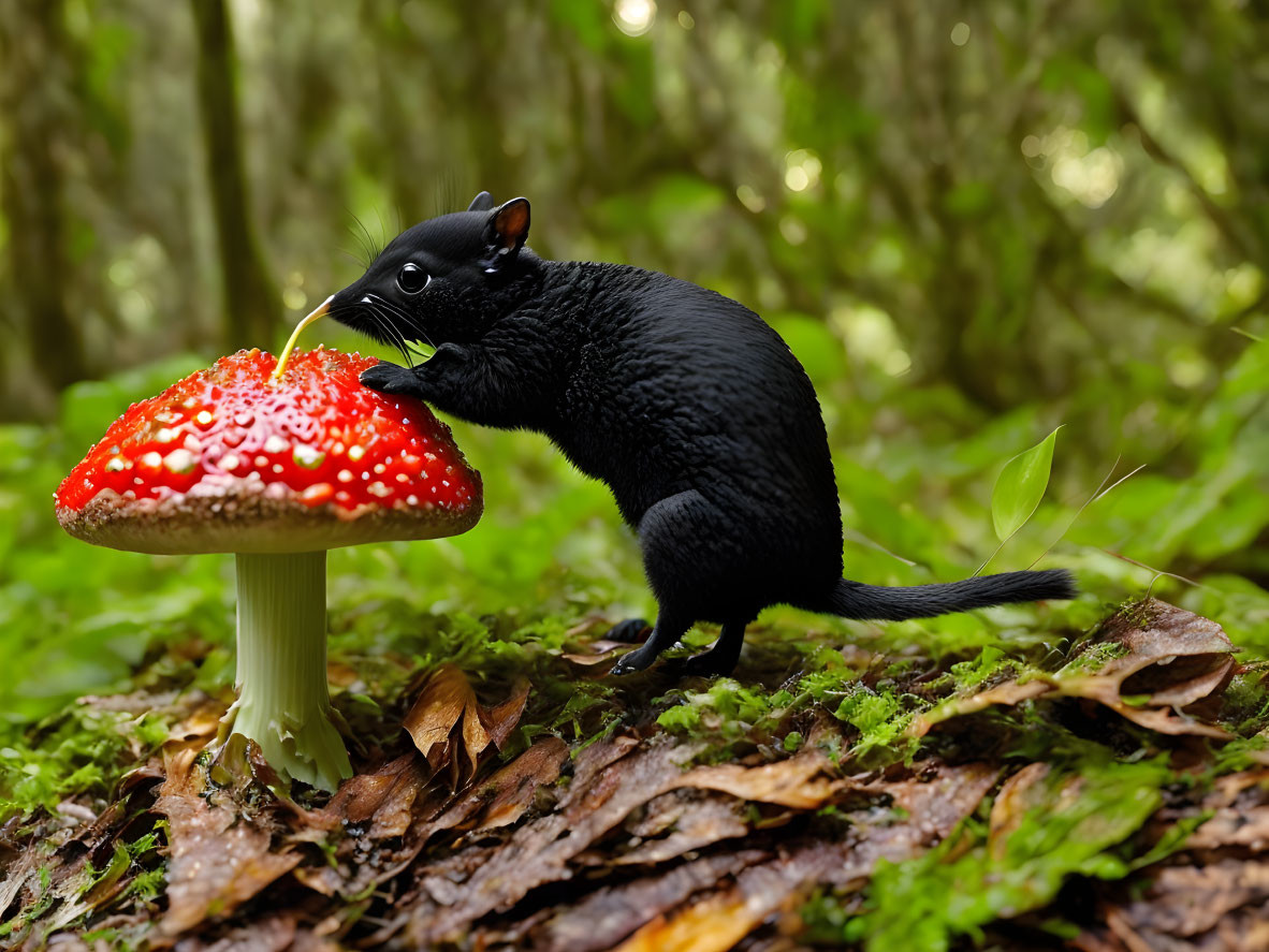 Black squirrel investigating red mushroom with white spots in lush forest