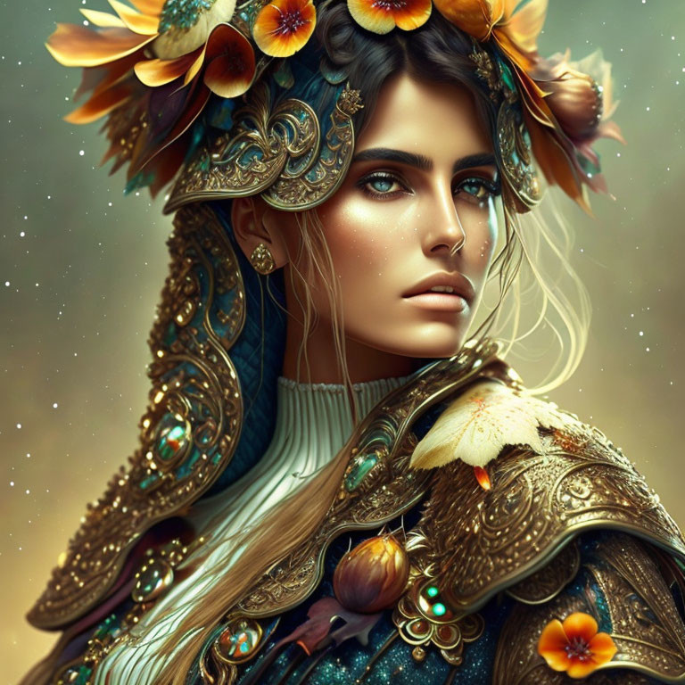 Fantasy portrait of woman in floral and golden armor against starry backdrop