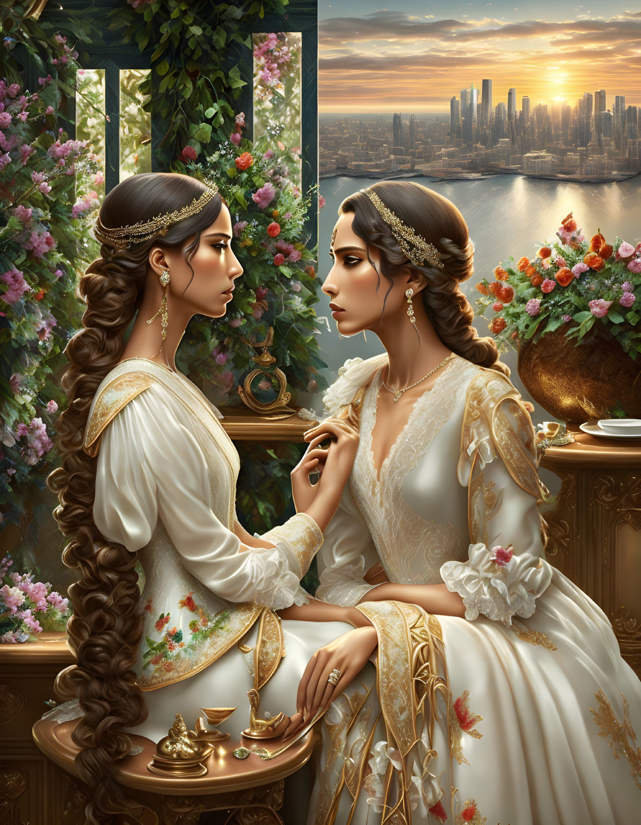 Two women in ornate dresses by a window with city skyline view and lush greenery.