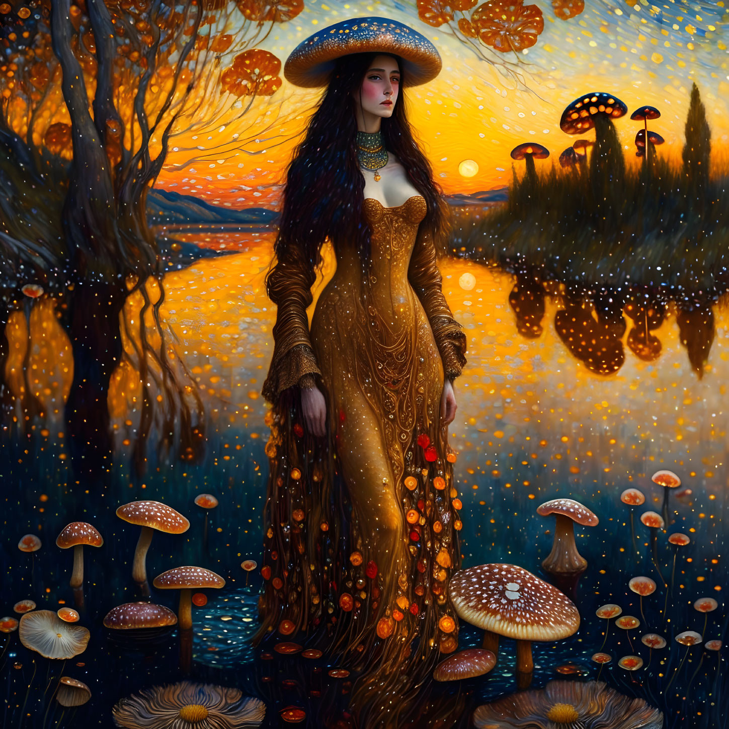 Woman in Golden Dress in Mystical Forest with Glowing Mushrooms