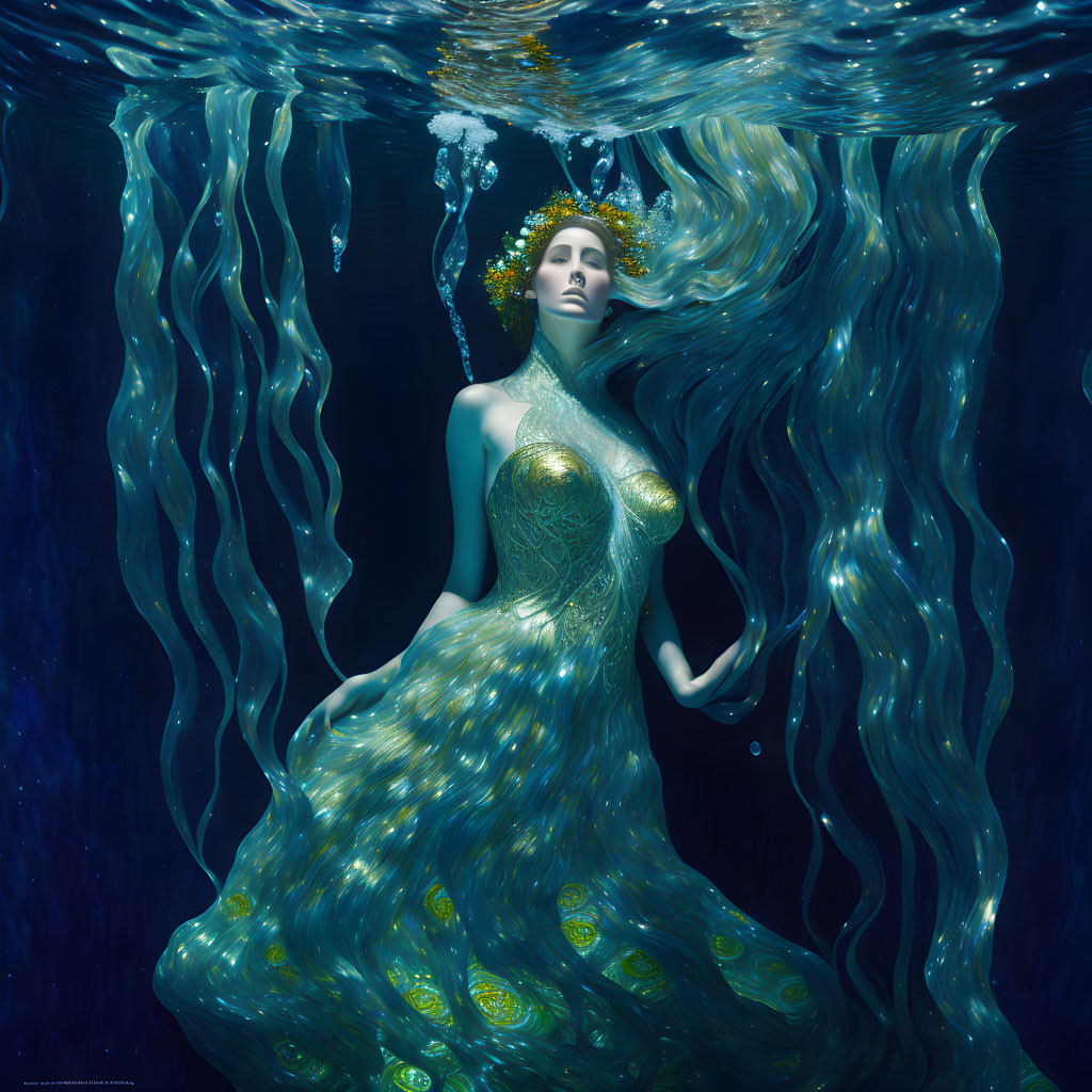 Woman with long hair in glowing dress underwater with bubbles