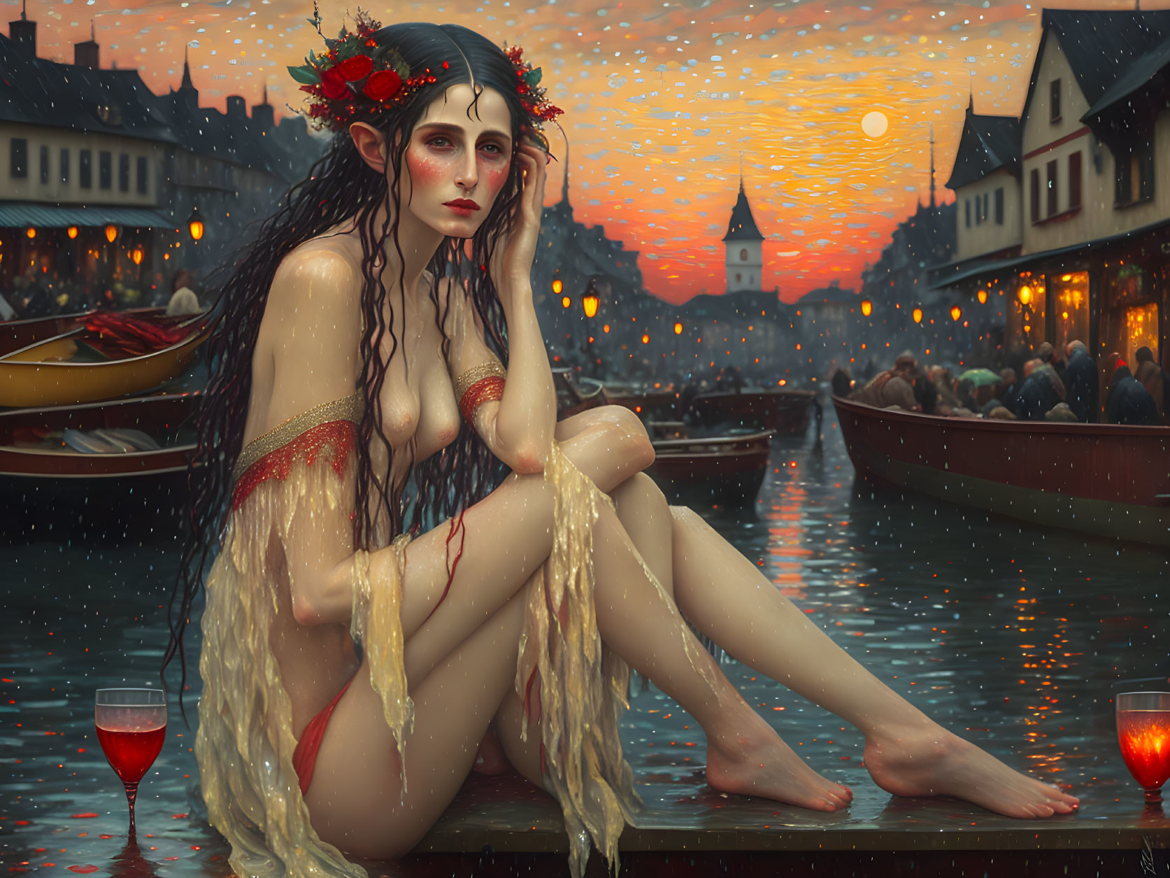 Woman with wet hair and red floral headpiece on dock at sunset