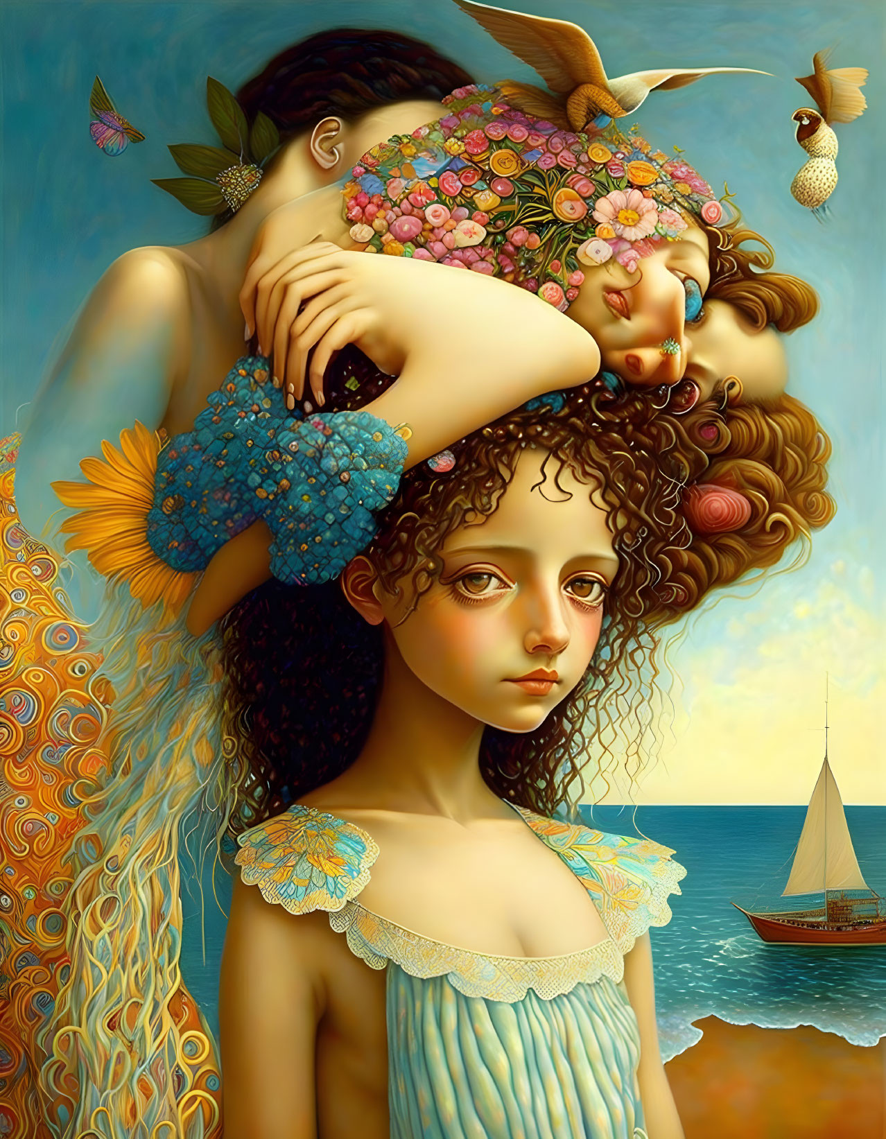 Surreal painting: Two female figures with intricate hair, birds, and sailboat on calm seas