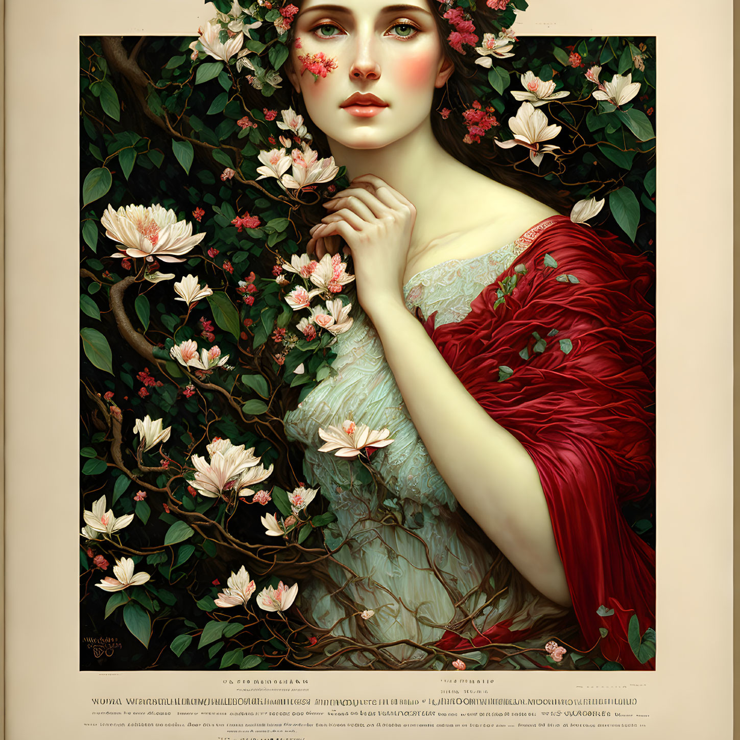 Serene woman in lush green foliage with white flowers