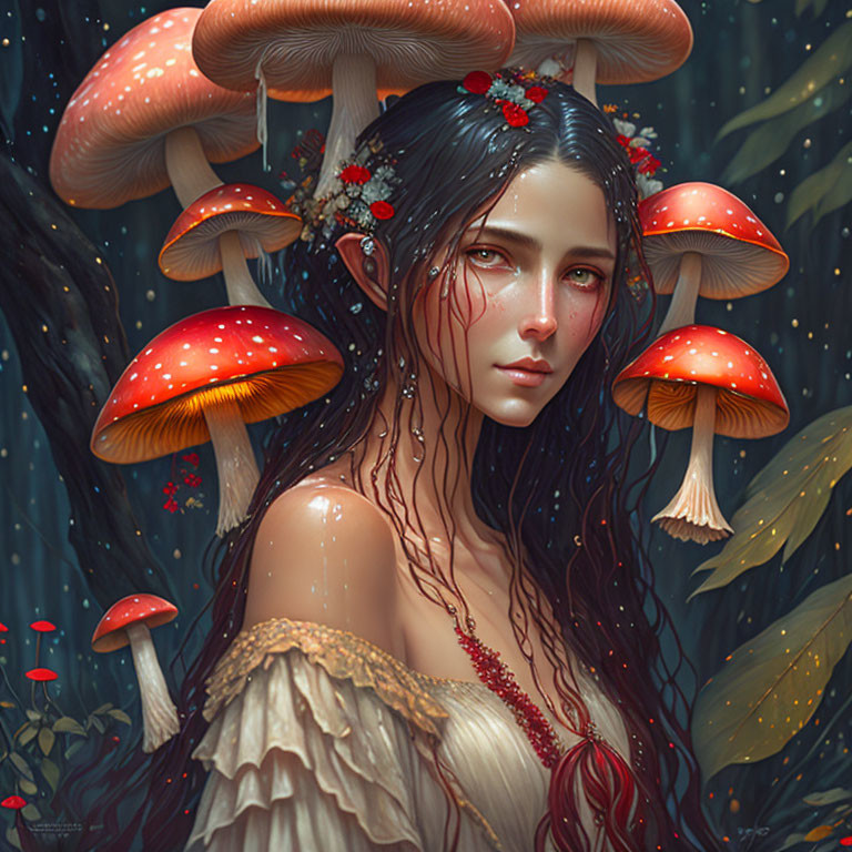 Woman with thoughtful eyes in mystical forest with red flowers and mushrooms