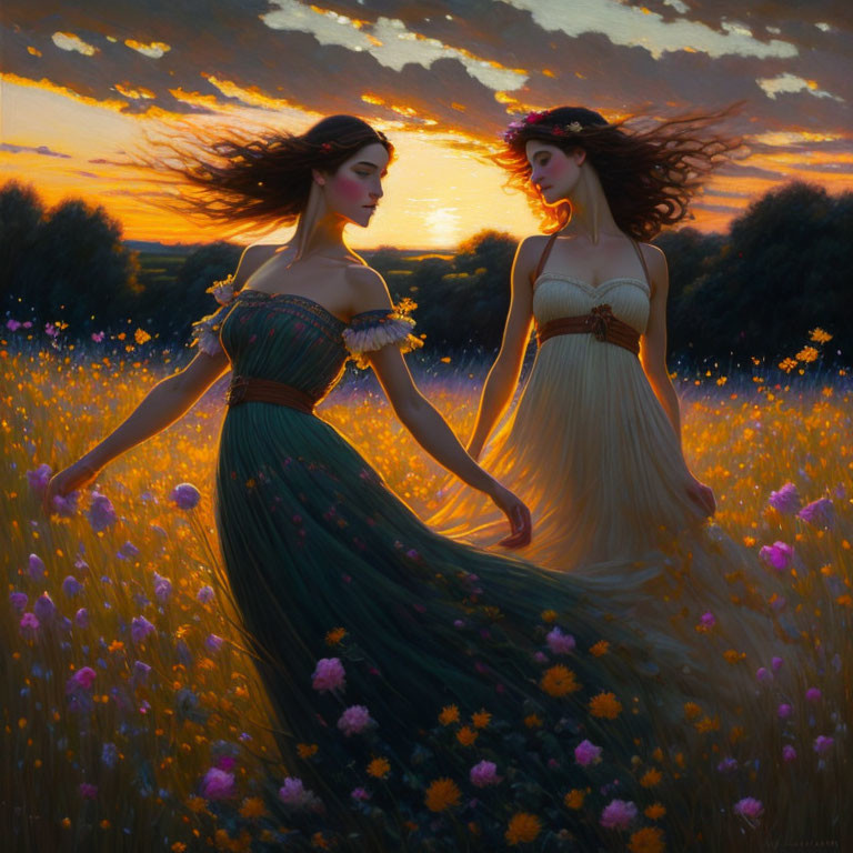 Two women in flowing dresses in blooming field at vibrant sunset