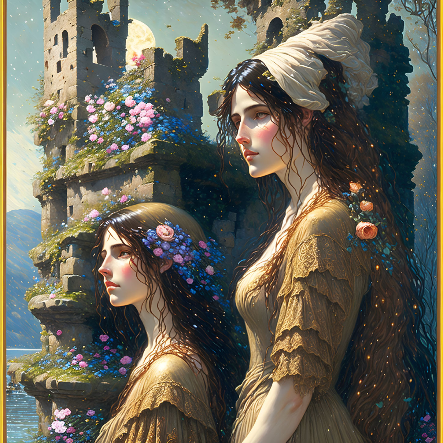 Two women with floral adornments by ancient tower in serene lake landscape