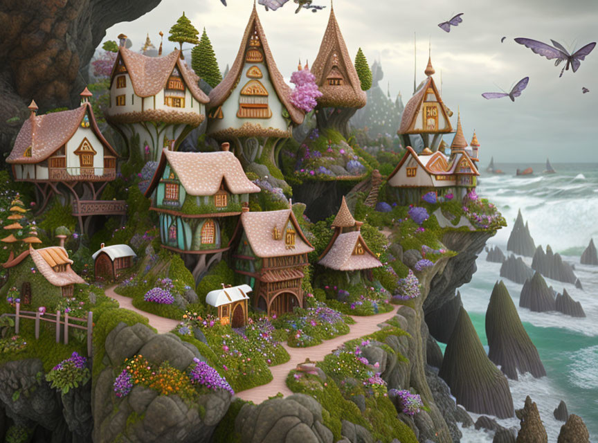 Whimsical cliffside village with blooming flowers and butterflies overlooking the sea