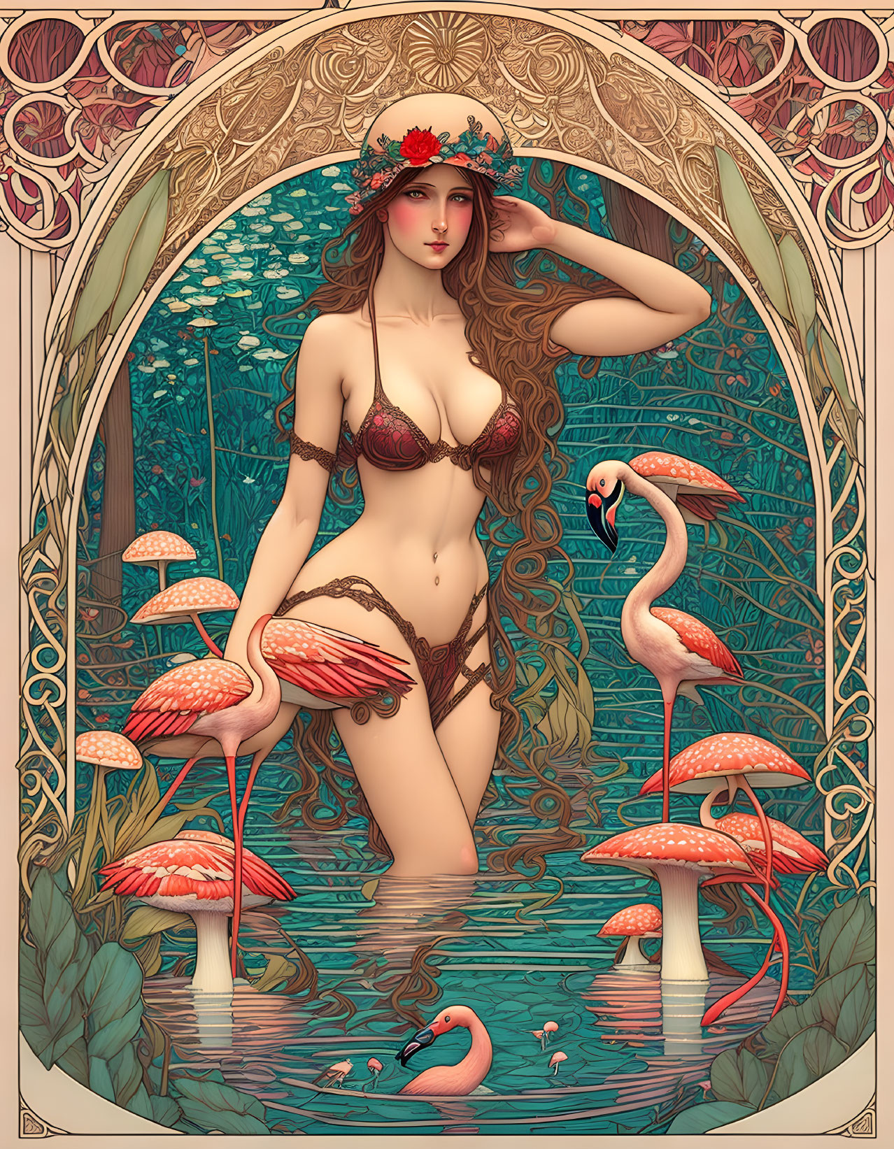 Woman with floral wreath in water surrounded by flamingos and mushrooms in ornate frame