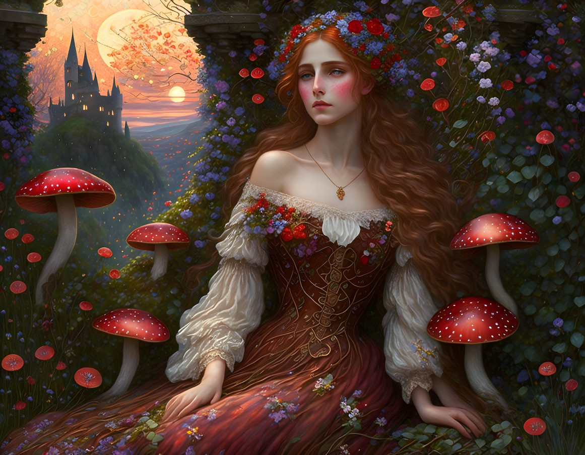 Red-haired woman in medieval dress surrounded by giant mushrooms and flowers with castle backdrop at sunset