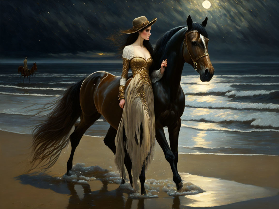 Woman in elegant attire with black horse on twilight beach.