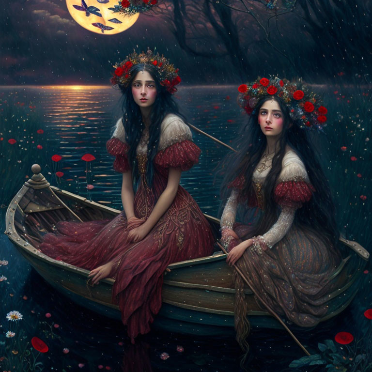 Two women in red dresses with floral crowns rowing on serene lake at night