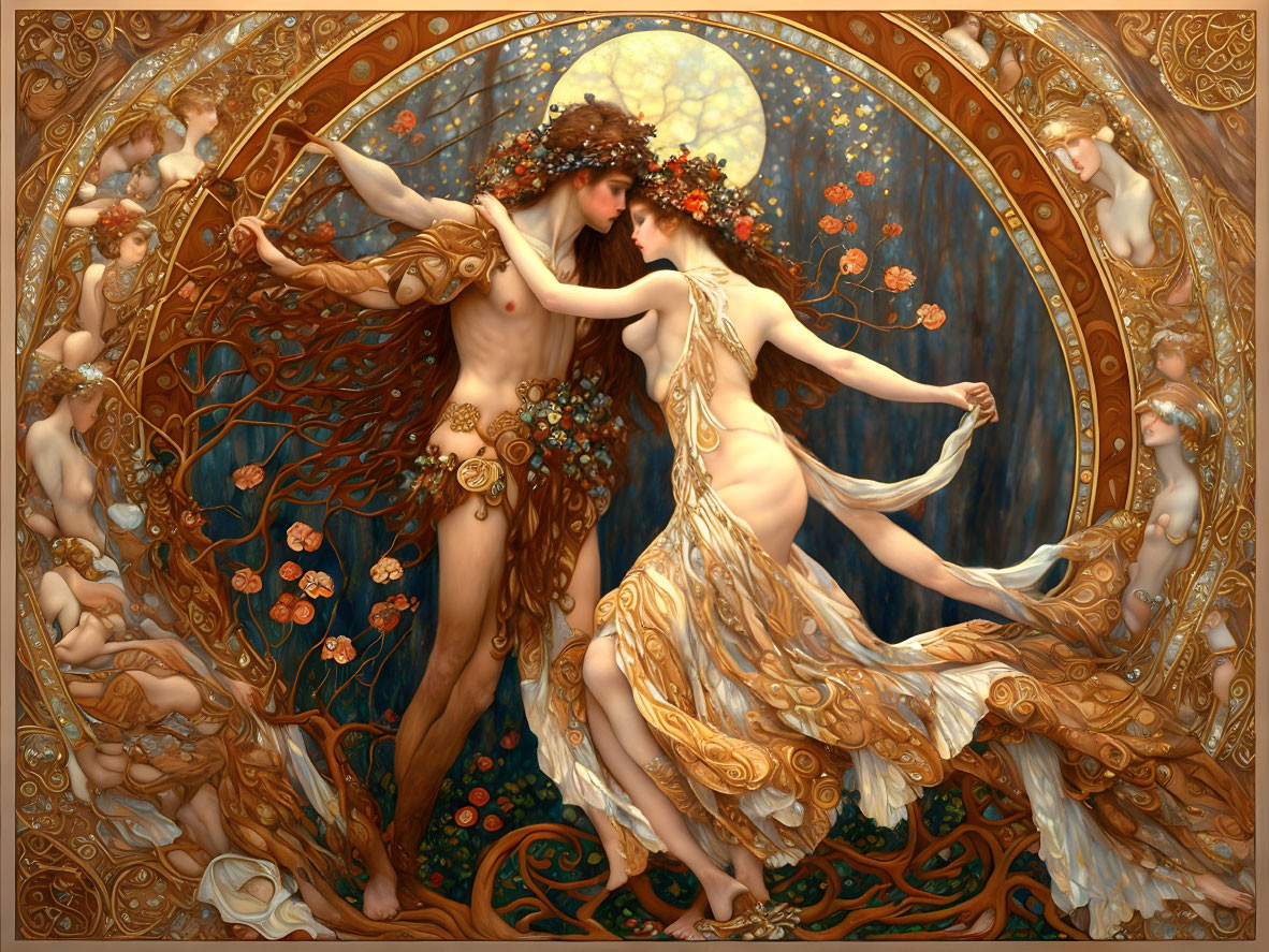 Art Nouveau Style Painting: Romantic Embrace in Ornate Circular Frame