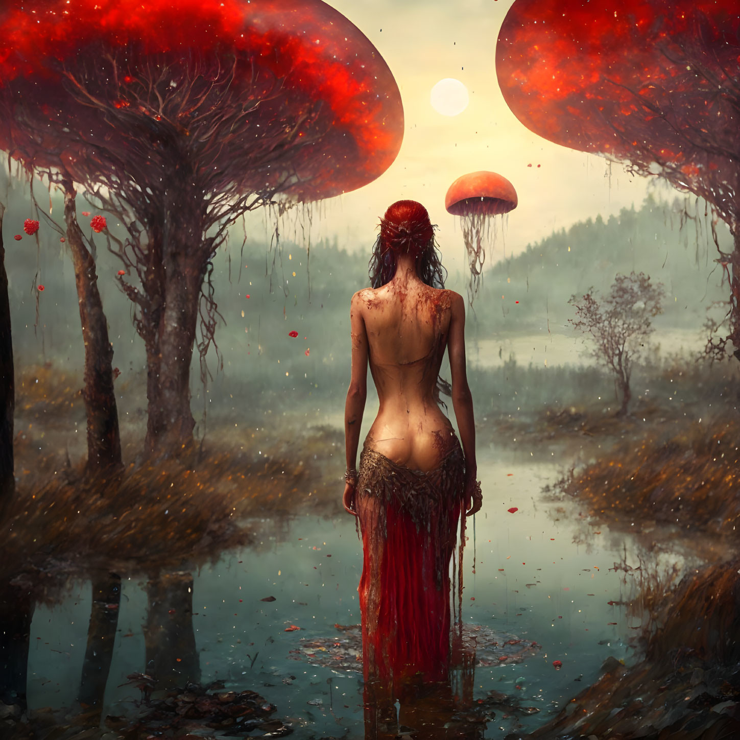 Nude woman in swampy forest with red-capped mushrooms and falling petals