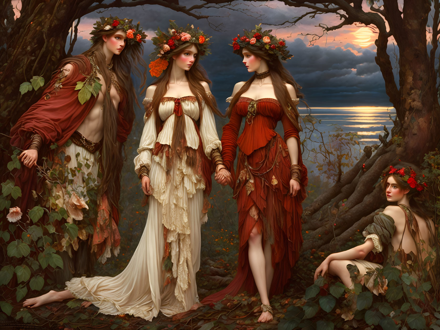 Ethereal women with floral wreaths in forest at sunset