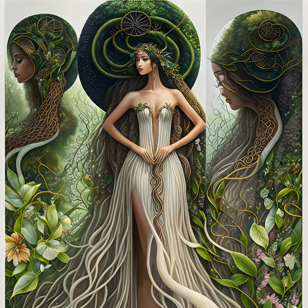 Woman in nature-themed triptych with flowing hair and floral dress