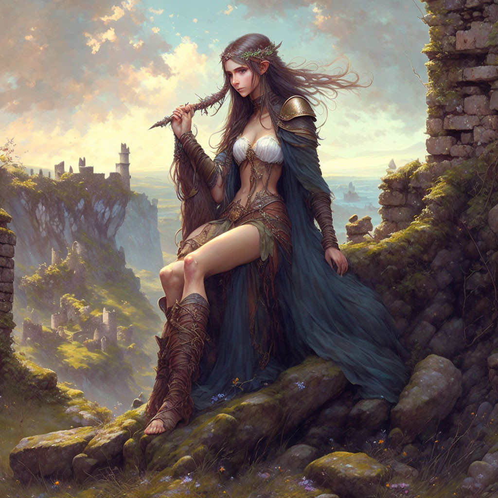 Fantasy artwork of warrior woman in ornate armor with castle ruins.