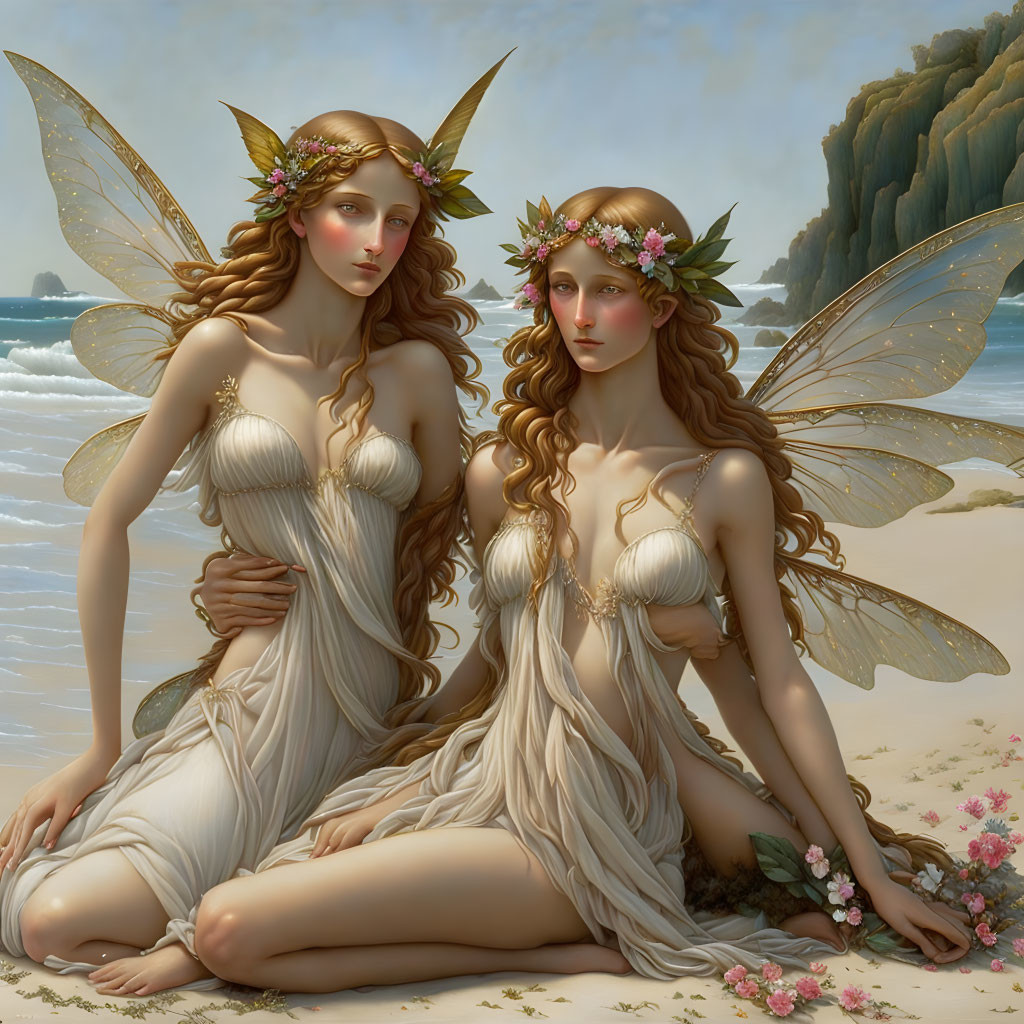 Ethereal female figures with delicate wings and flower crowns on a beach