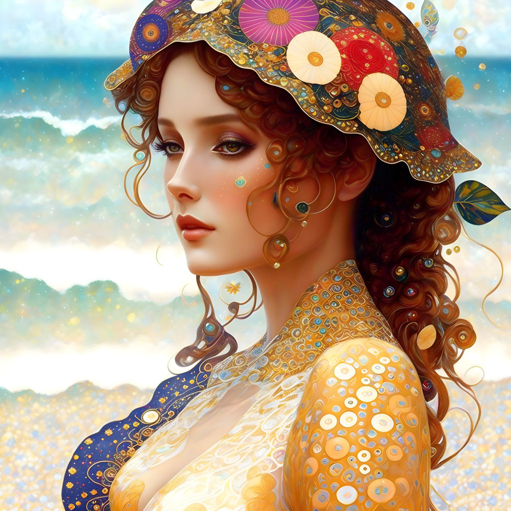 Digital artwork: Woman with curly hair, hat, and jewelry against sea and sky.