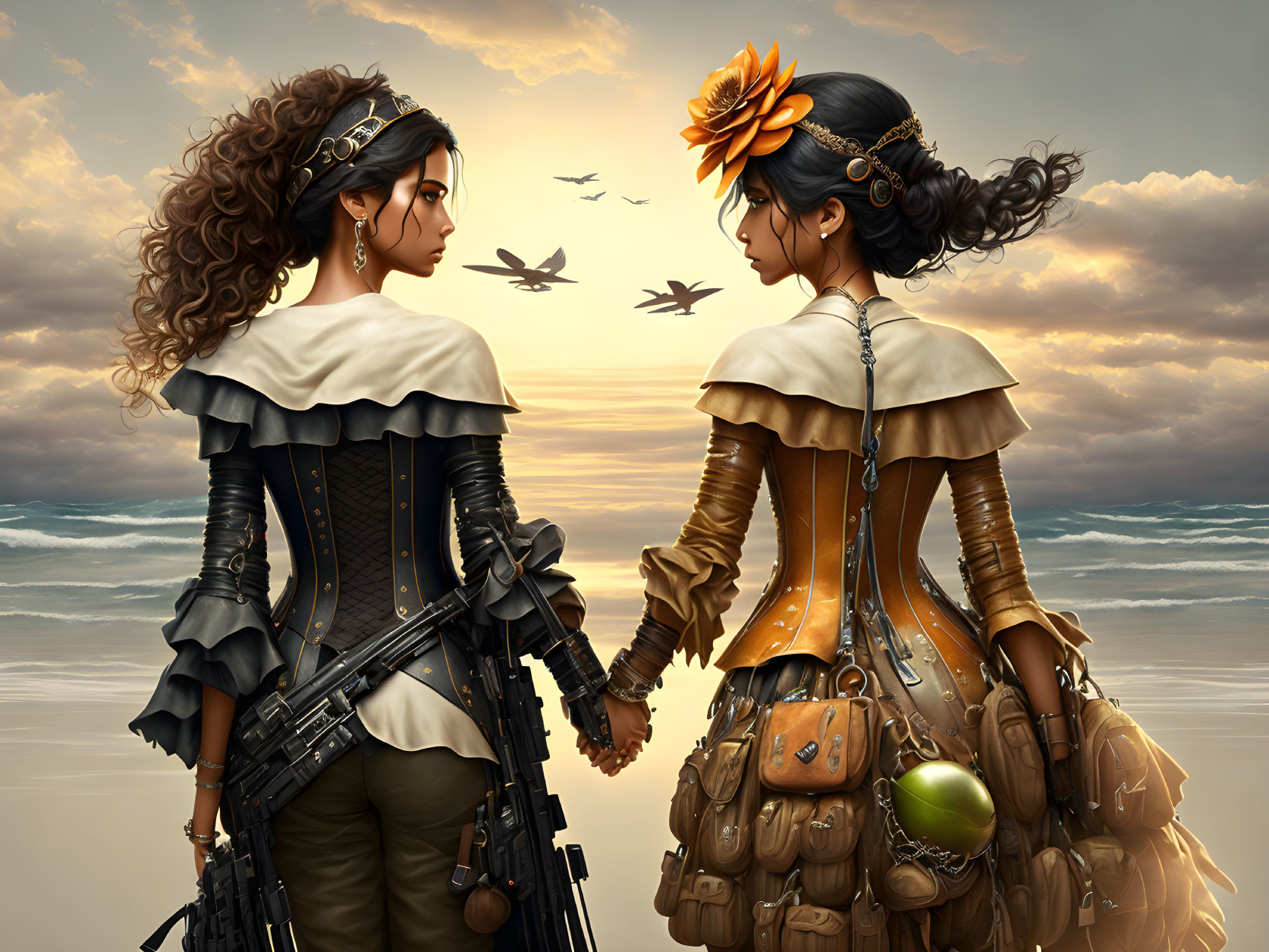 Steampunk-themed image: Two women with mechanical gadgets on beach at sunset