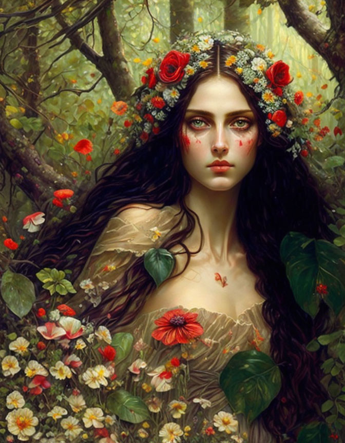 Woman with deep-set eyes in floral crown surrounded by lush forest