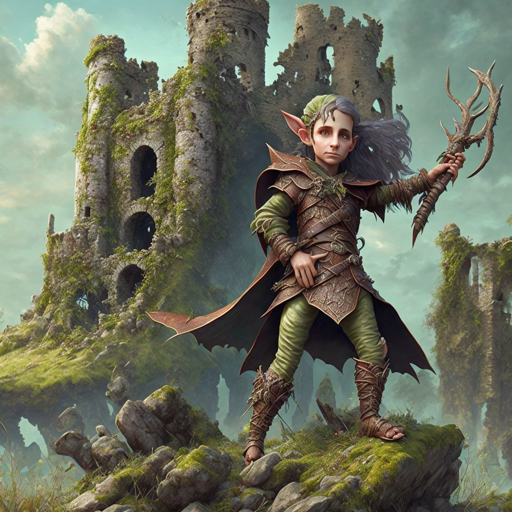 Fantasy illustration: Elf warrior with spear near ancient ruins