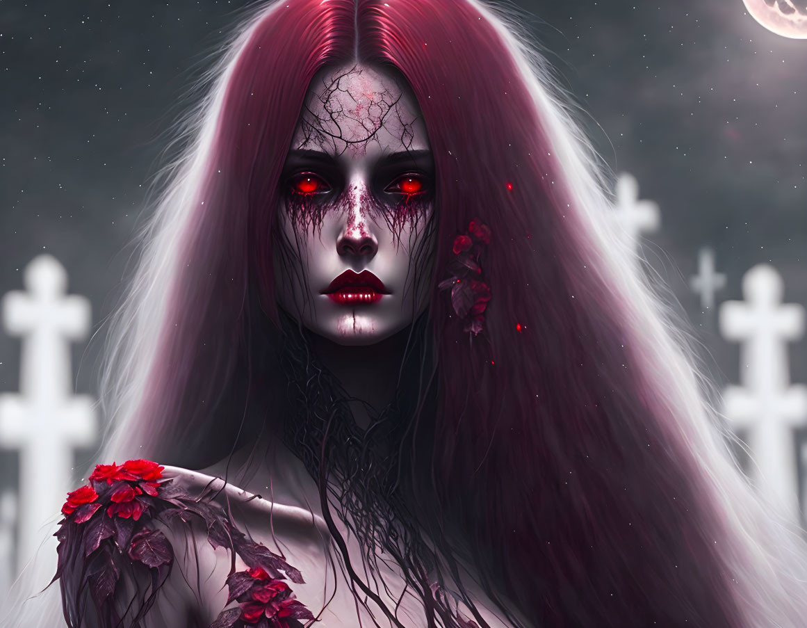 Pale figure with red eyes and crimson hair in eerie setting