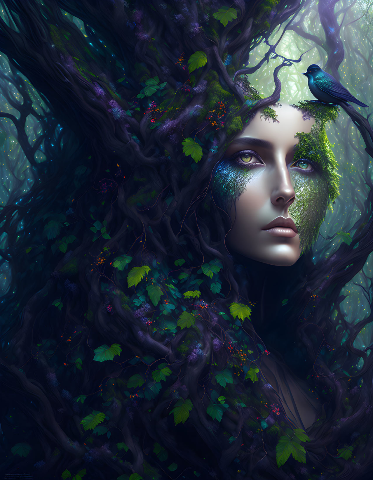 Surreal portrait of woman fused with mystical forest and vibrant greenery