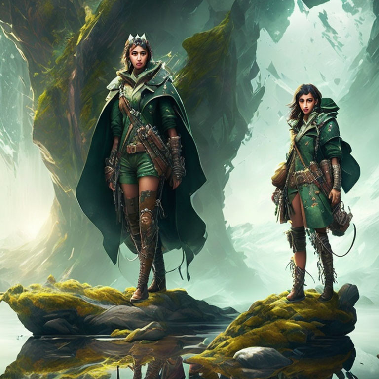 Fantasy characters in green cloaks and armor in mystical landscape