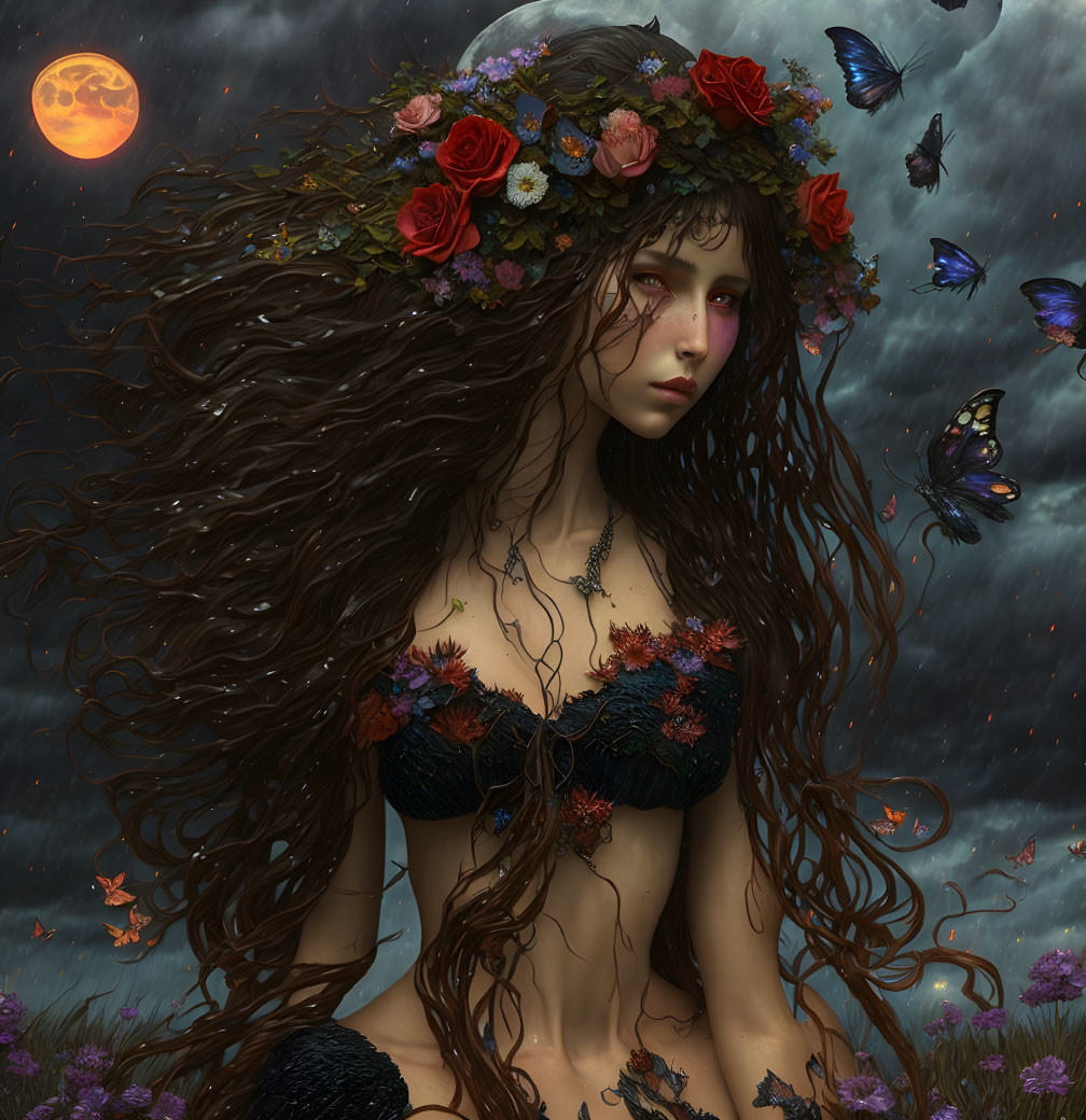 Mystical woman with flowing hair, floral crown, butterflies, under night sky with reddish moon