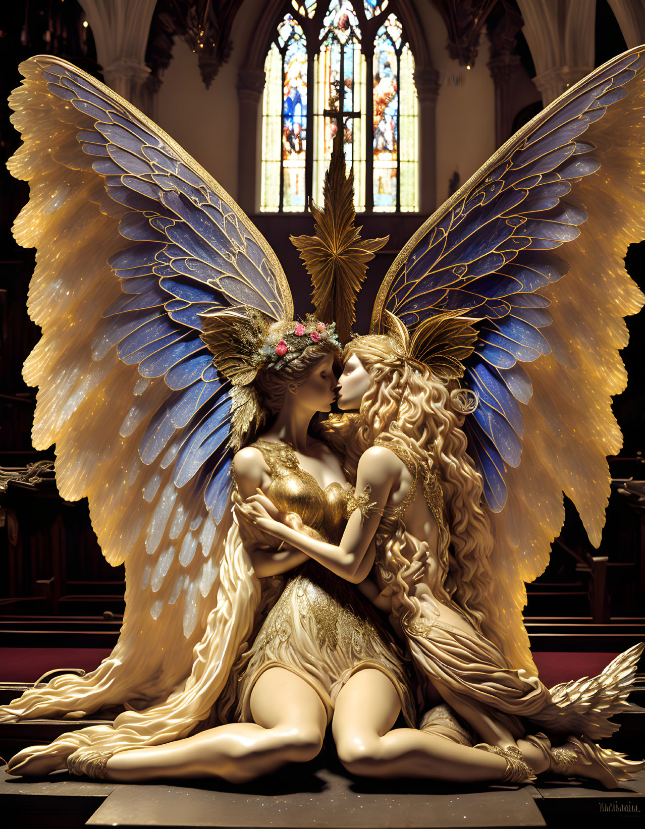 Intricately detailed golden-winged angels embrace in gothic setting