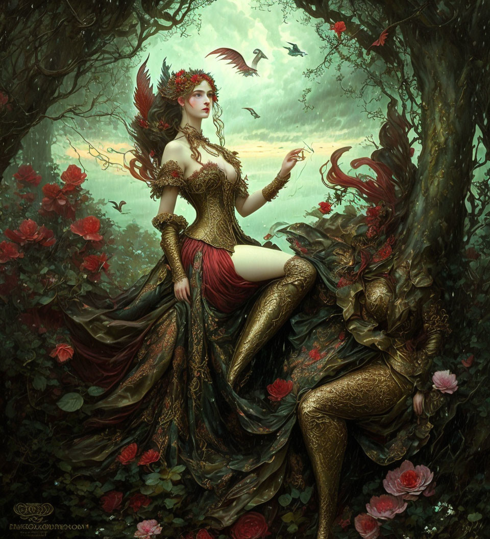 Ethereal woman in red and gold dress surrounded by roses and birds in mystical forest