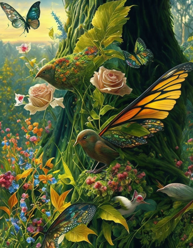 Colorful Artwork of Birds, Butterflies, Flowers, and Tree