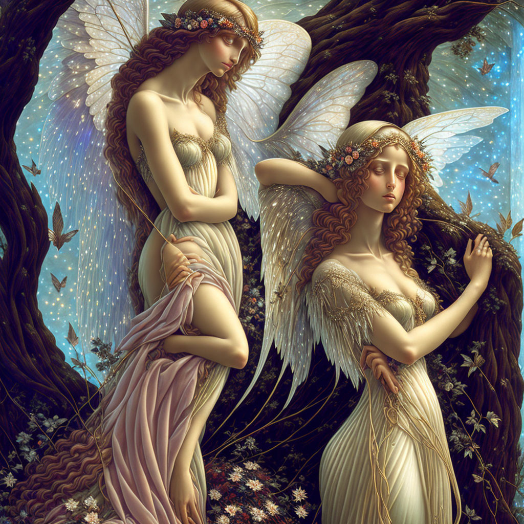 Ethereal fairies with delicate wings in enchanted forest landscape