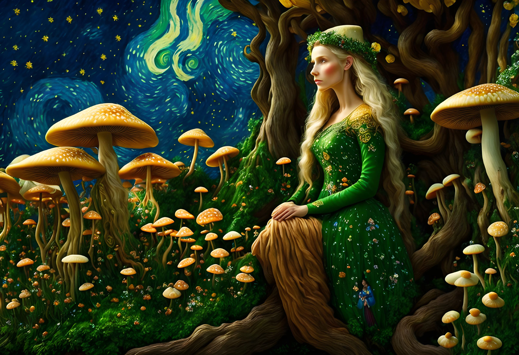 Woman in Green Dress Contemplates in Enchanted Forest