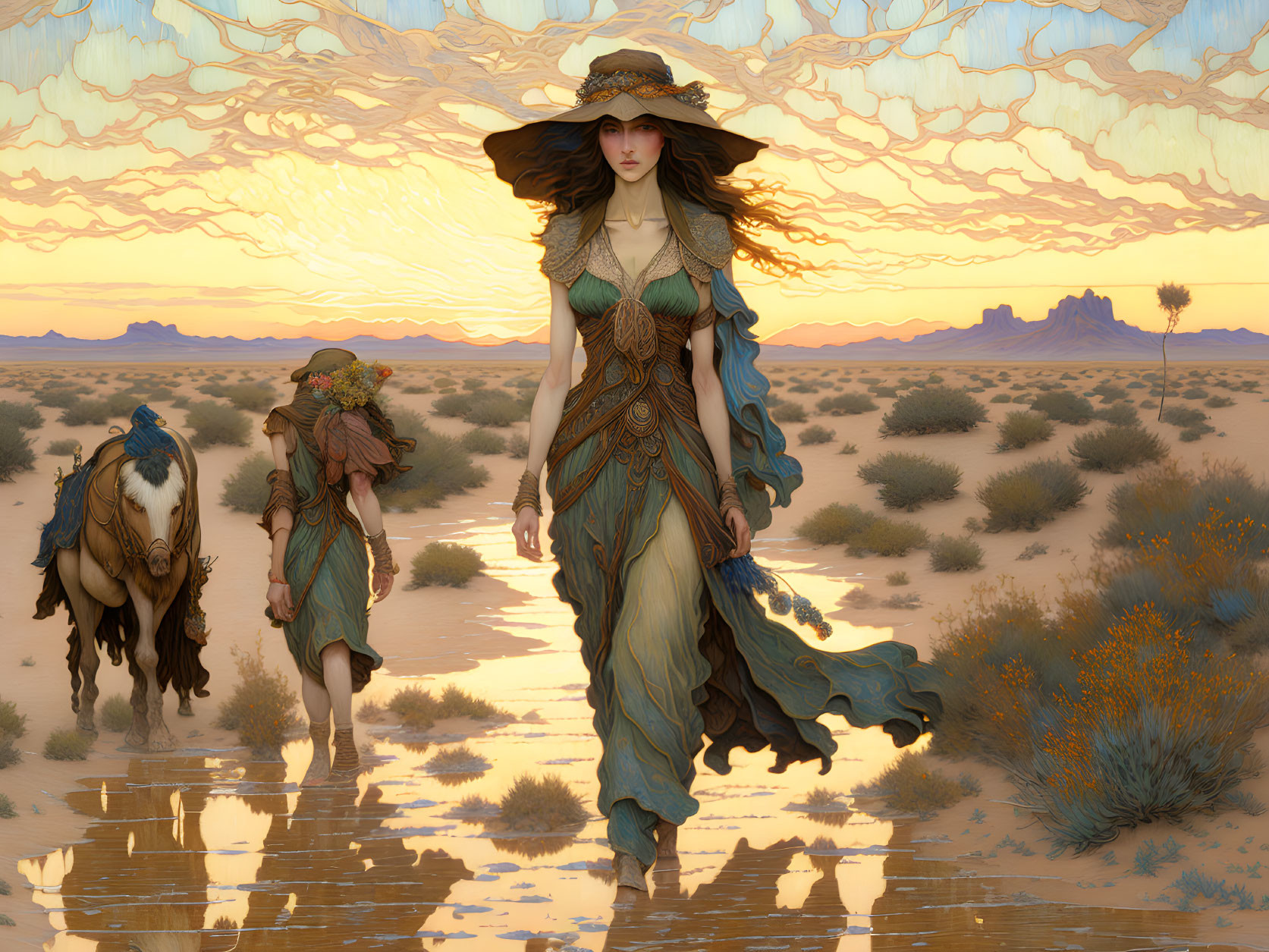 Ethereal woman in flowing dress with figures on horses in desert landscape