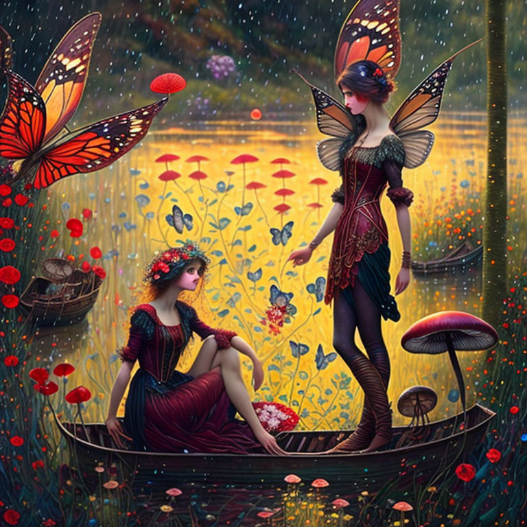 Two Fairies in Whimsical Forest with Glowing Flowers and Giant Mushrooms