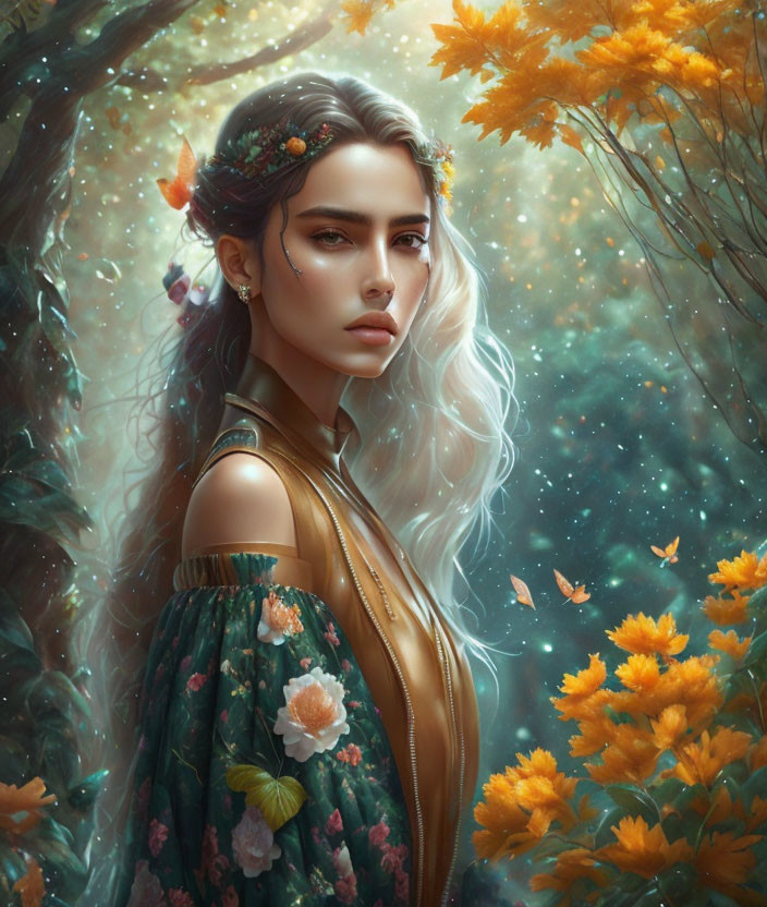 Digital artwork: Woman with white hair, green dress, surrounded by flowers and butterflies in magical forest.