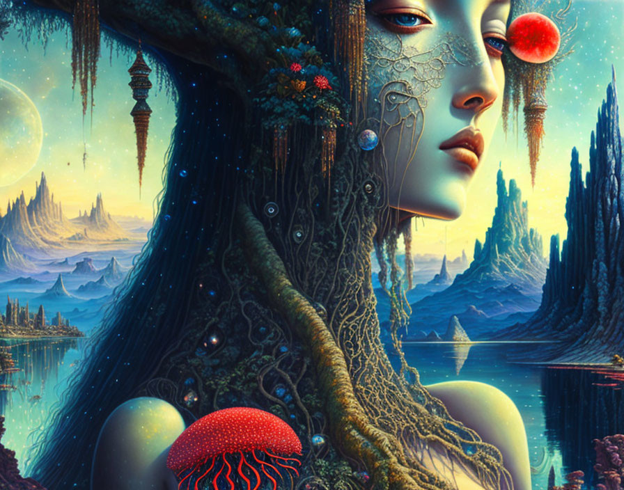 Surreal portrait blending nature, fantasy, and cosmic elements