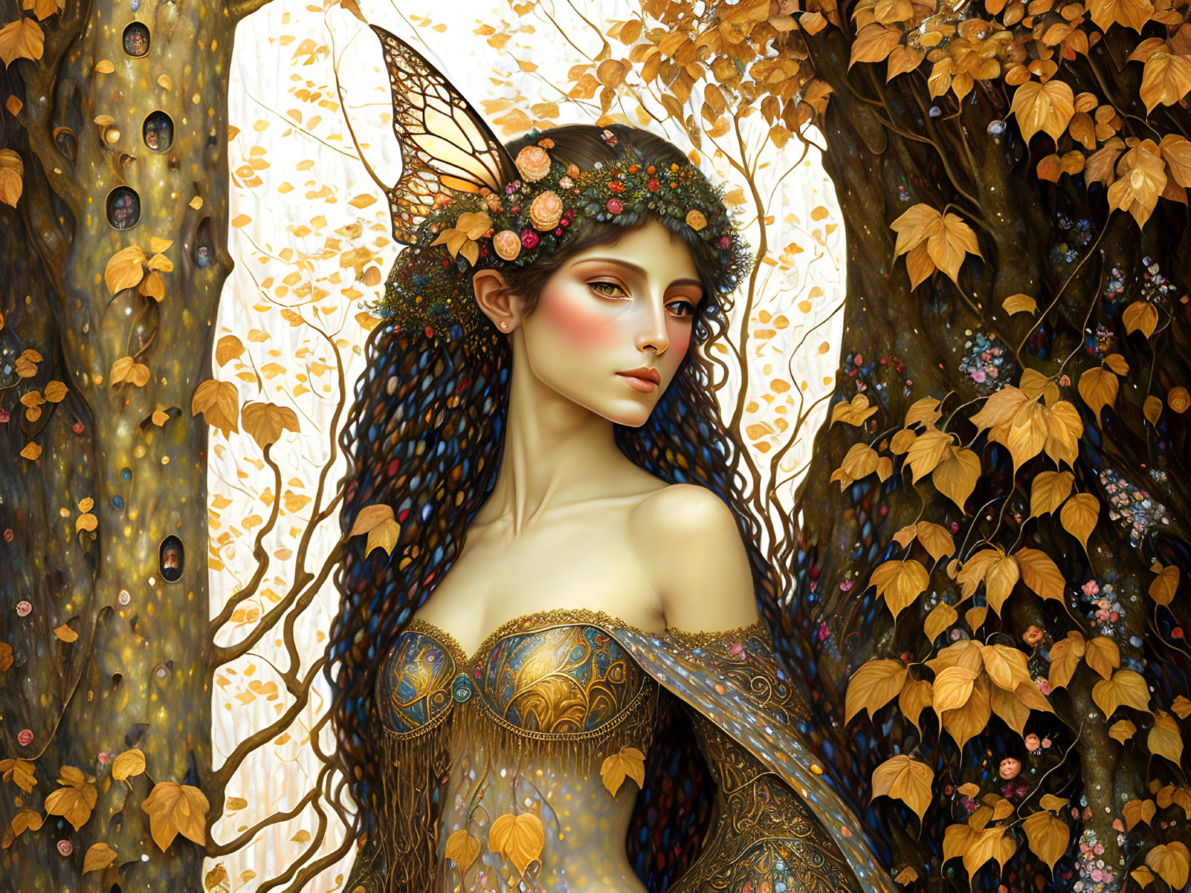 Fantasy illustration of a woman with butterfly wings in autumn setting