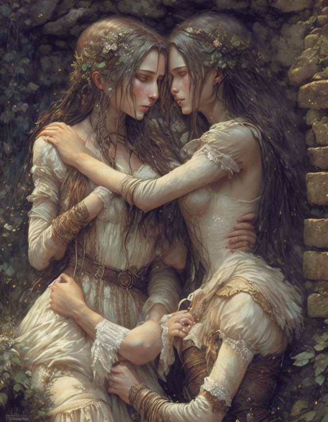 Ethereal women embrace in lush forest setting